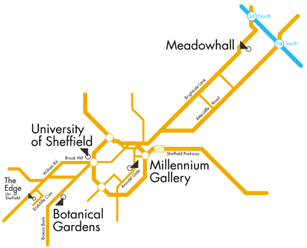 Map of Sheffield showing the Wonderland venues (see text).